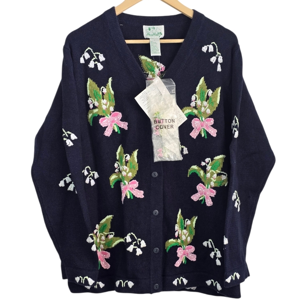 *VTG/NWT* QUACKER FACTORY Vintage Navy Floral Bouquet Sweater, Flower Cardigan